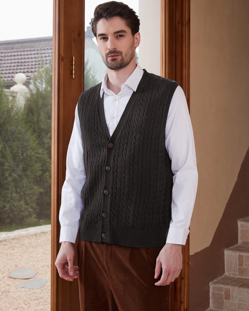 Kallspin Men's Cable Knit Sweater Vest Wool Blend V Neck Button Down Sleeveless Cardigan Vest(Charcoal, 2X-Large) - Image 5